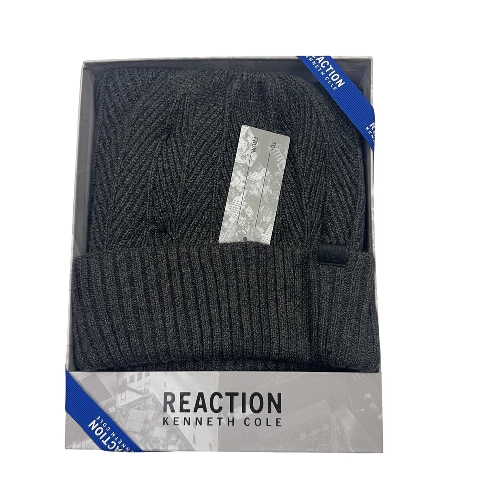 Reaction Kenneth Cole Beanie & Scarf Mens Gray Herringbone Knit Hat 2 piece
